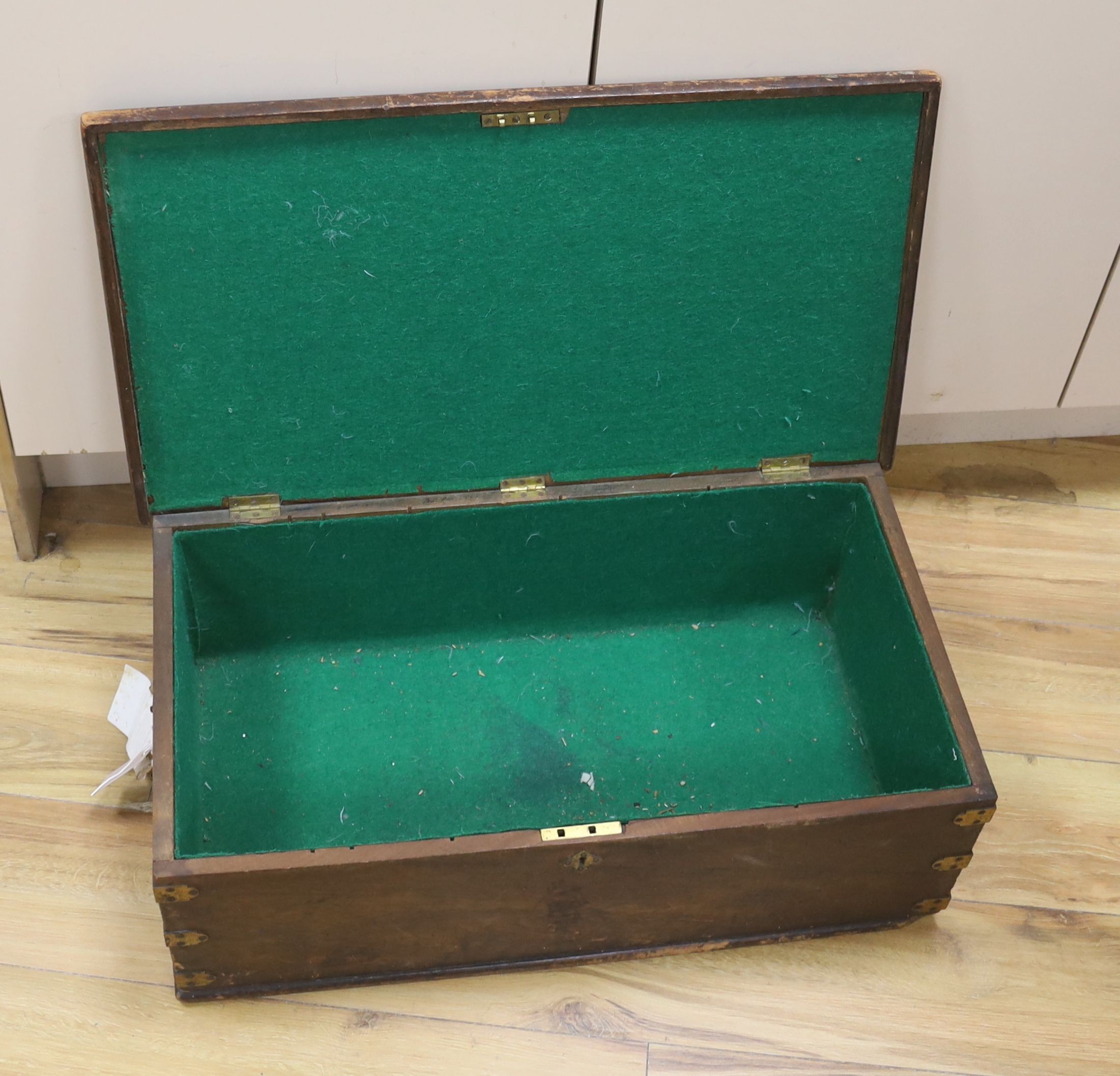 A 19th century brass bound mahogany rectangular box, insert brass plaque engraved Hon Charles Keith 67cm